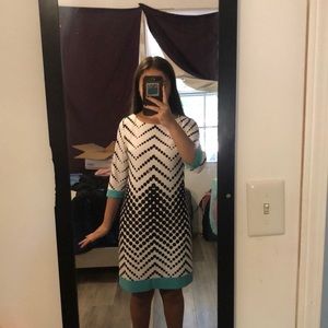 Sandra Darren White nd Blue dress.